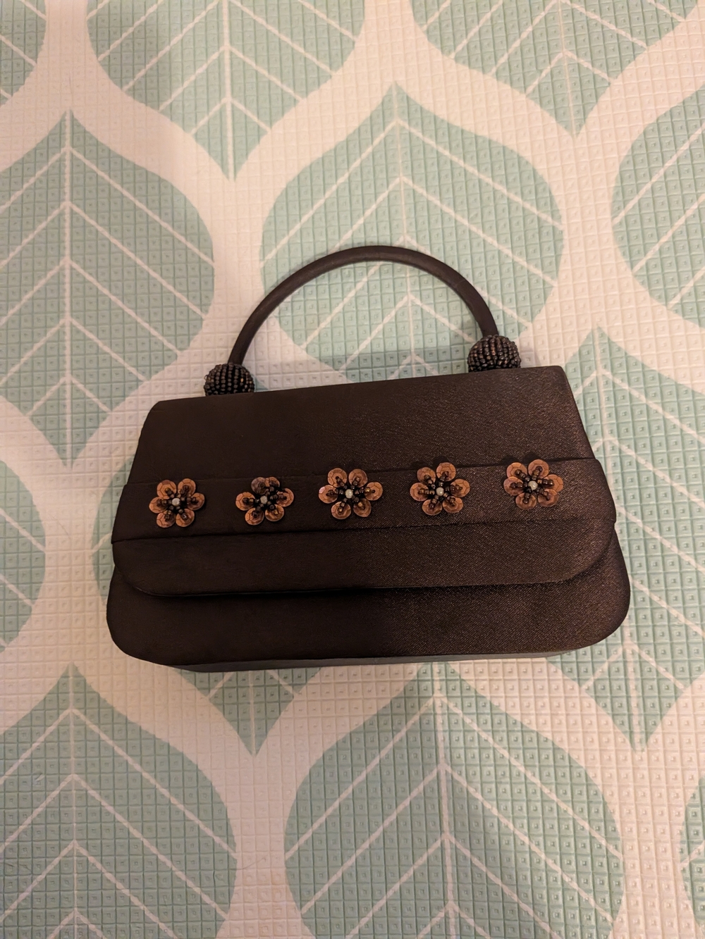 Brown Floral Accent Satin Evening Handbag